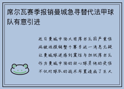 席尔瓦赛季报销曼城急寻替代法甲球队有意引进